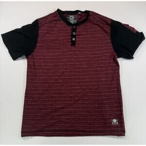 Distortion Henley Shirt Mens Large Red Black Short Sleeve Color Block